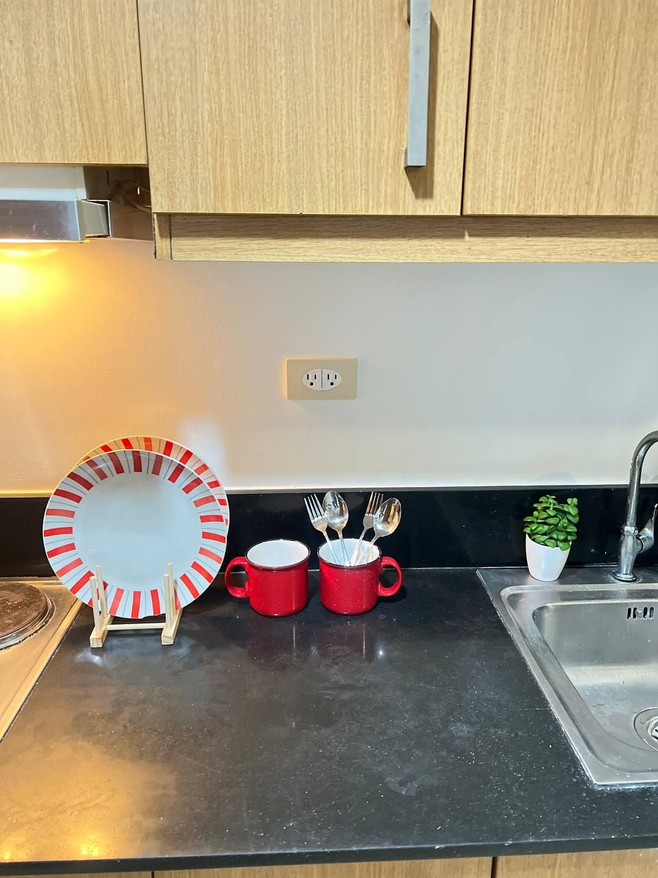 Un piano di lavoro in cucina con un lavello, una pianta in vaso, una tazza rossa, un piatto rosso e utensili.