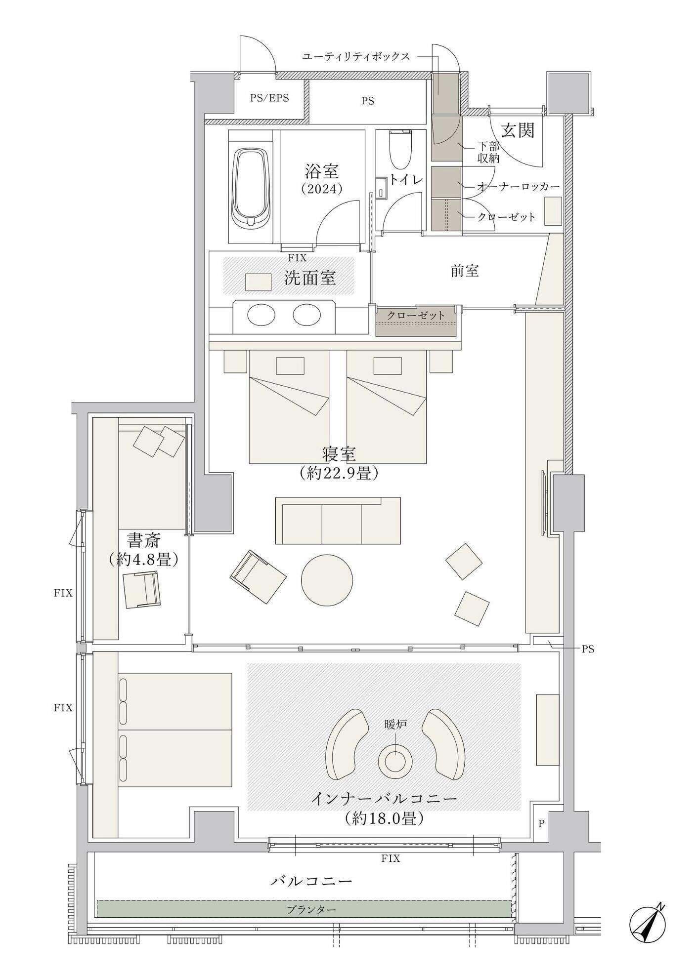 A hotel floor plan with a living room, bedrooms, a bathroom, and a balcony.