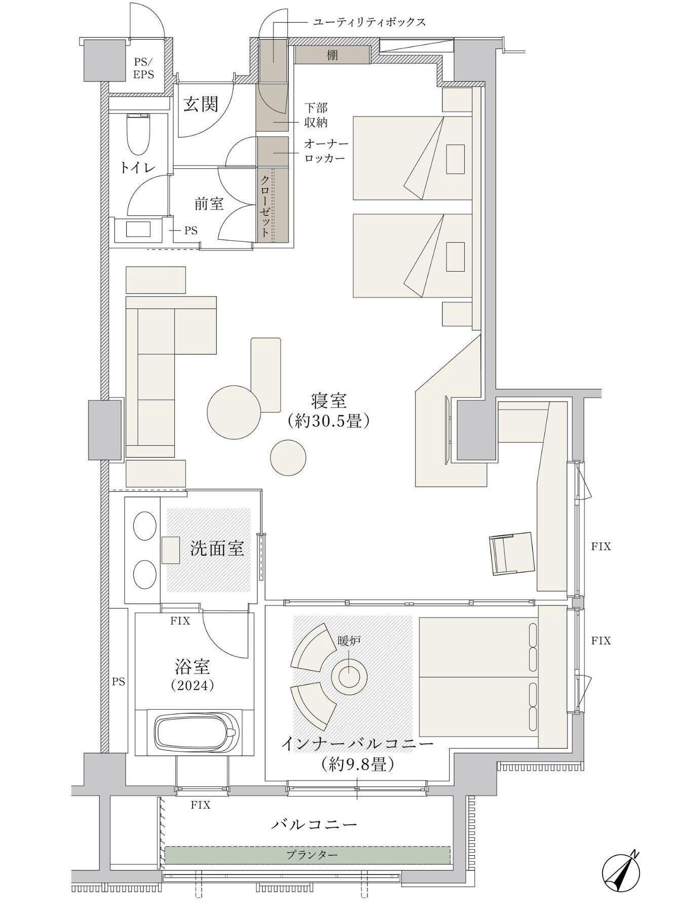 Plano de planta de un hotel con baño, inodoro, ducha, habitación, sala de estar, comedor y cocina privados.
