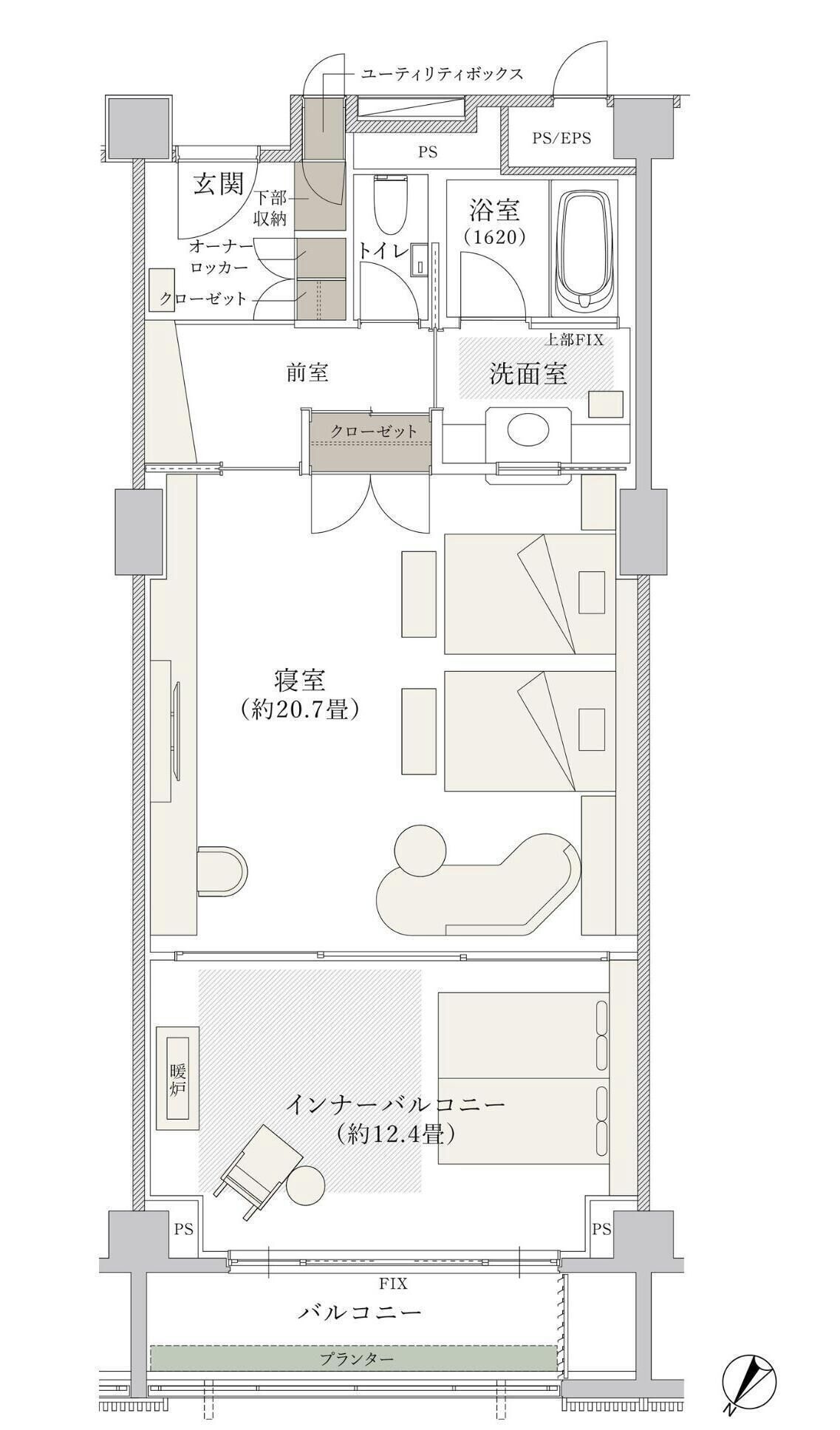 A hotel floor plan with a ensuite bathroom, a ensuite toilet, a ensuite shower, a ensuite bedroom, a ensuite living room, a ensuite dining area, and a ensuite kitchen.