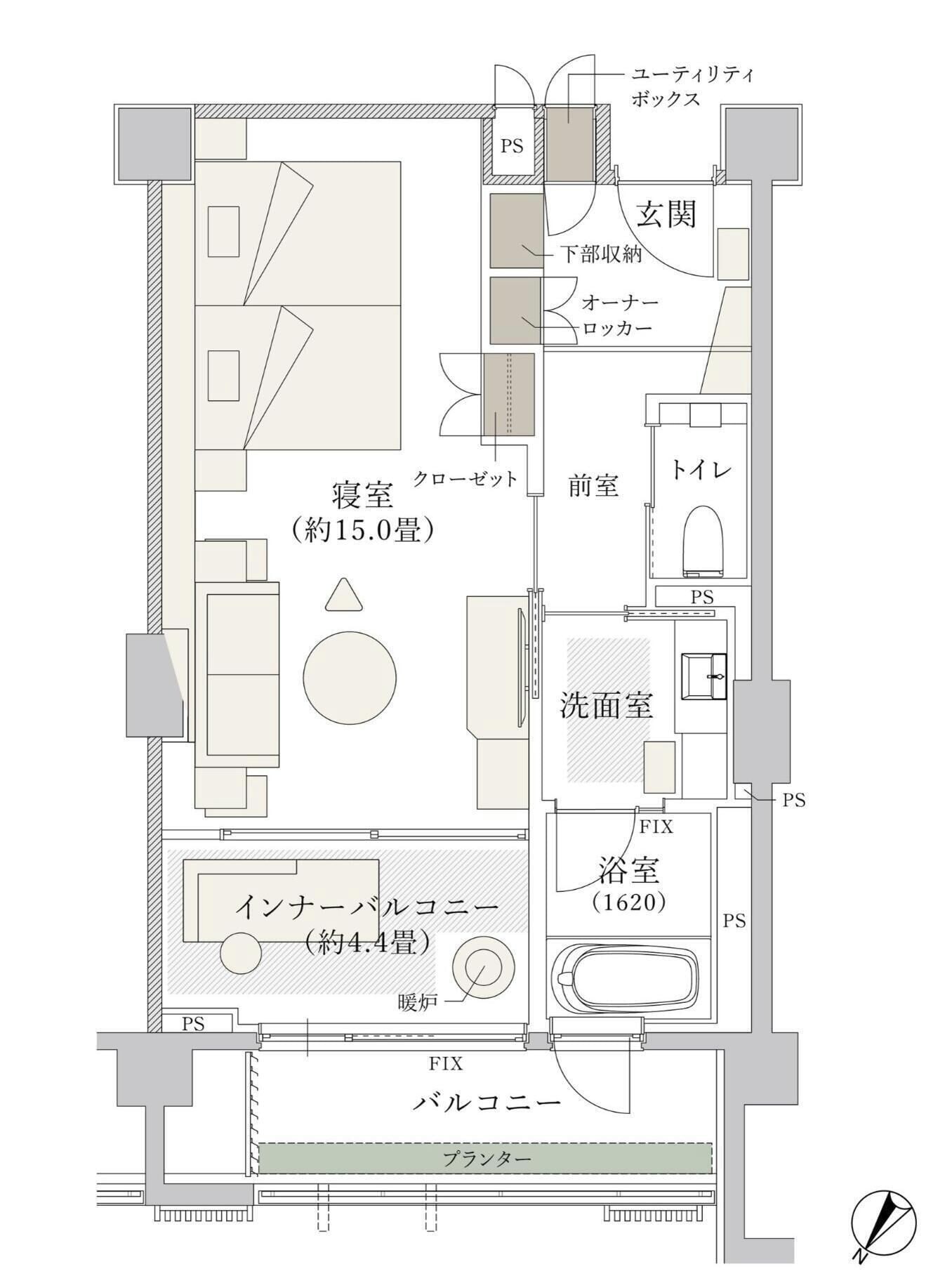 A floor plan of a hotel with a living room, bedroom, bathroom, and kitchenette.