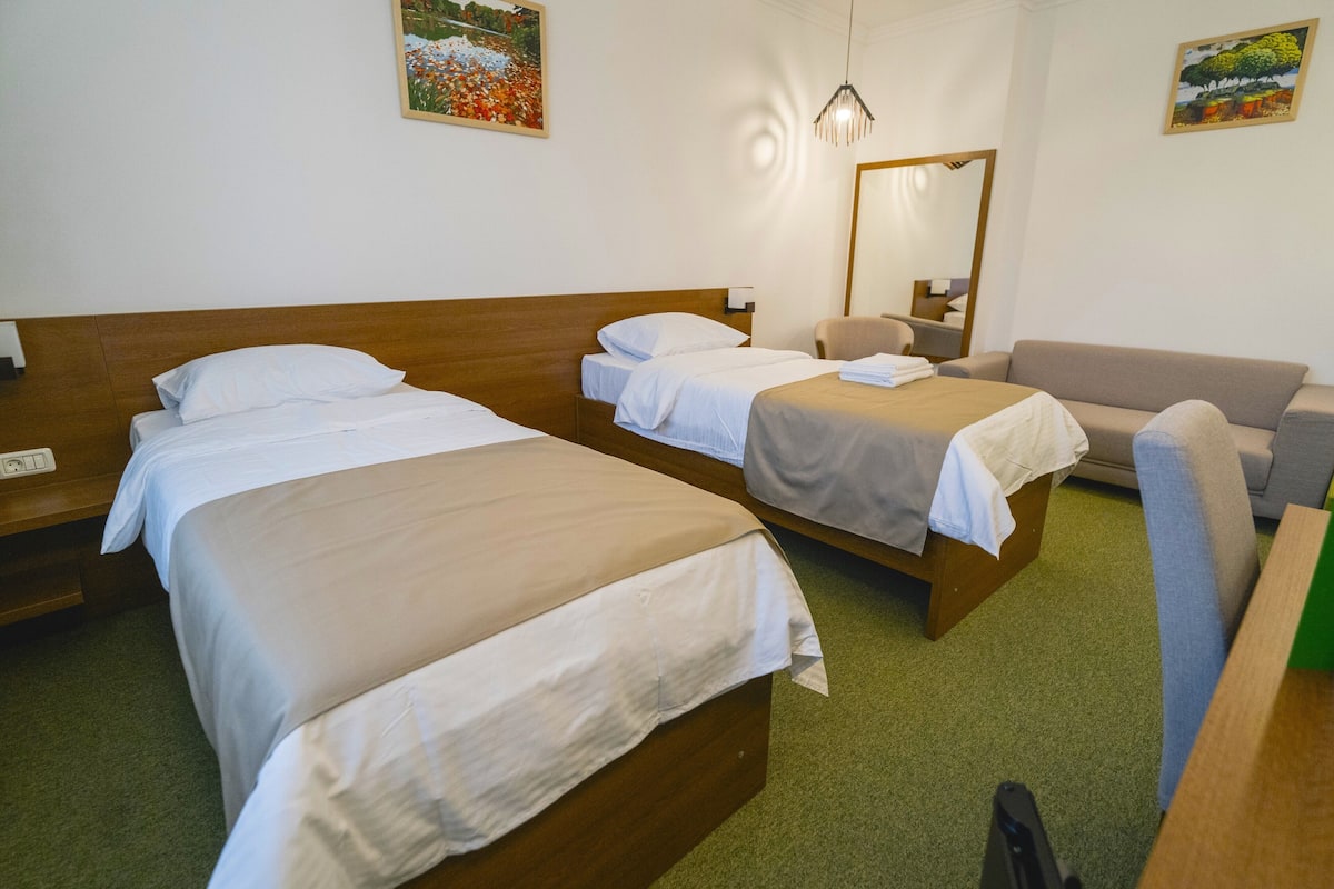Una habitación de hotel con dos camas individuales, un sofá, un espejo y una alfombra verde.