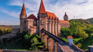 Un château historique doté de nombreuses tours et d’un toit rouge bien visible, entouré d’une végétation luxuriante et accessible par un petit pont menant à l’entrée.