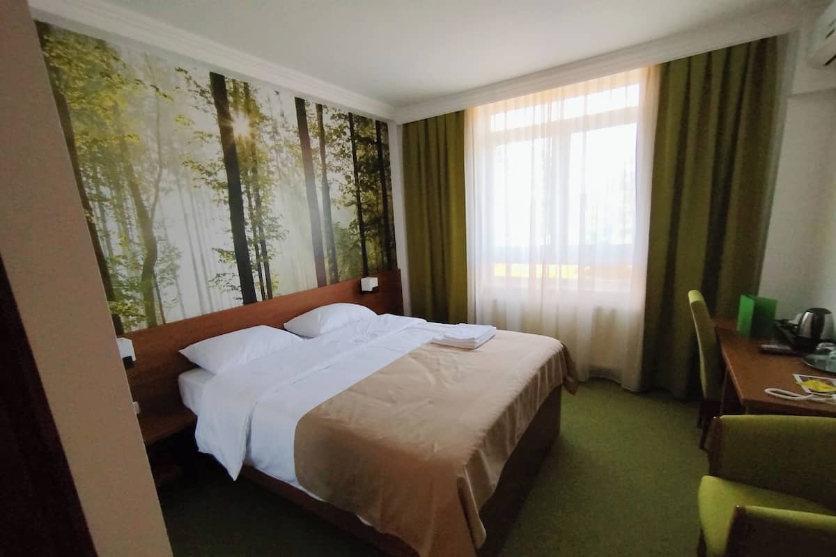 Una habitación de hotel con una cama, un escritorio y una silla.