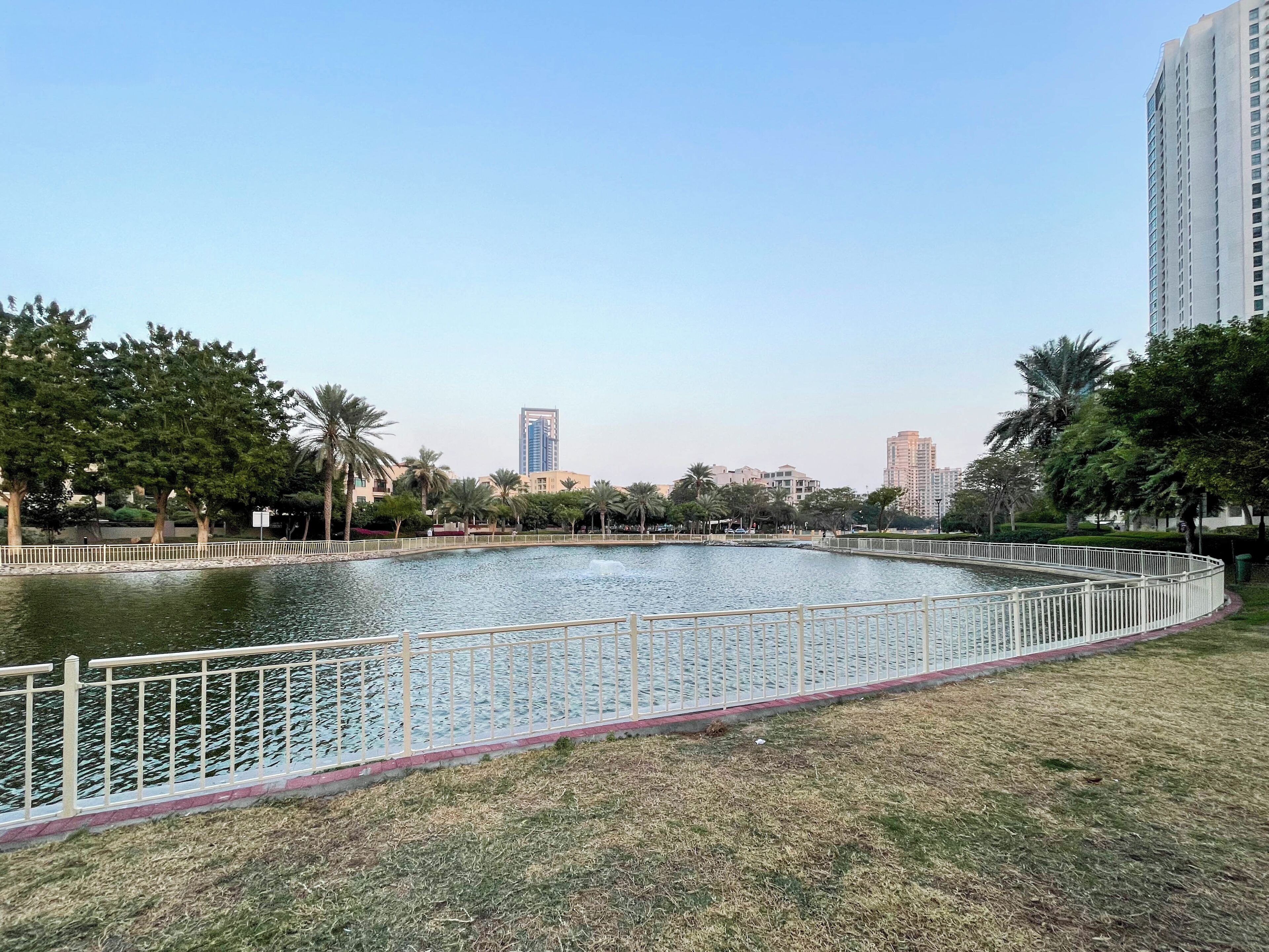 A large, rectangular water feature with a white railing, surrounded by grass and trees.