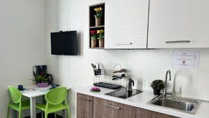 Et kompakt køkken med en hvid bordplade, en vask, et lille spiseområde med to grønne stole, et TV ophængt over bordet, og en hylde med potteplanter.