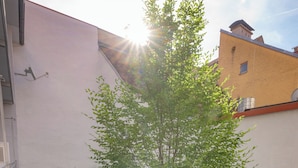 A courtyard with a tree, seating area, and a small garden.
