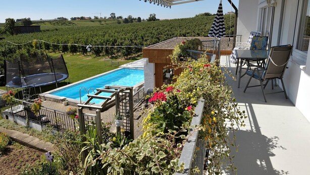 A pool with a wooden deck, a covered patio with chairs, and a view of a vineyard. - Apartment '1, 53qm, Balkon' with Shared Pool, Shared Terrace and Wi-Fi (Wasserburg (Bodensee))
