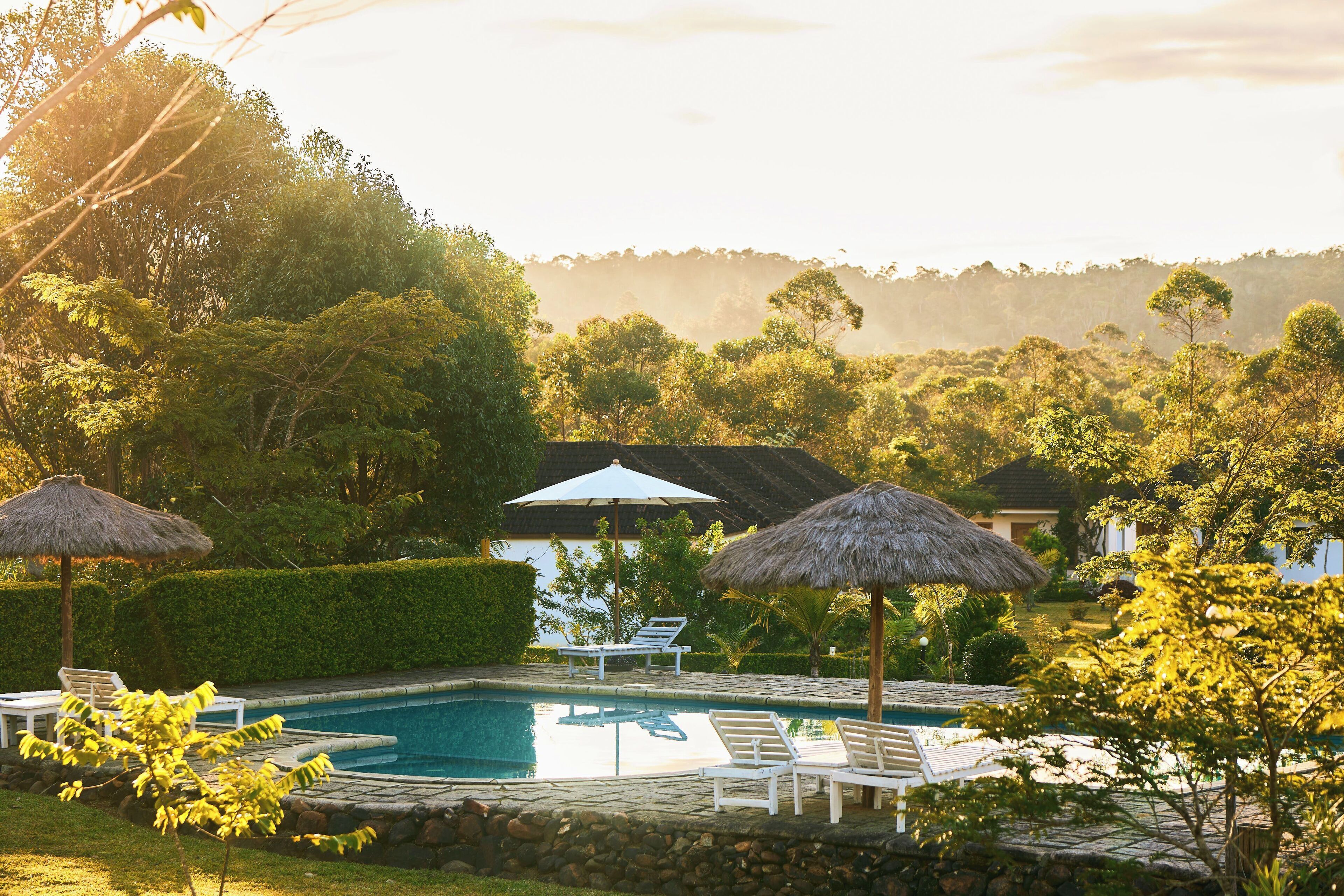 Una piscina al aire libre, sombrillas, sillones reclinables de piscina