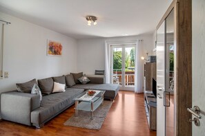 A modern living room with a grey sofa, a glass coffee table, and a TV stand. - Apartment '01' with Shared Terrace, Balcony and Wi-Fi (Lindau)