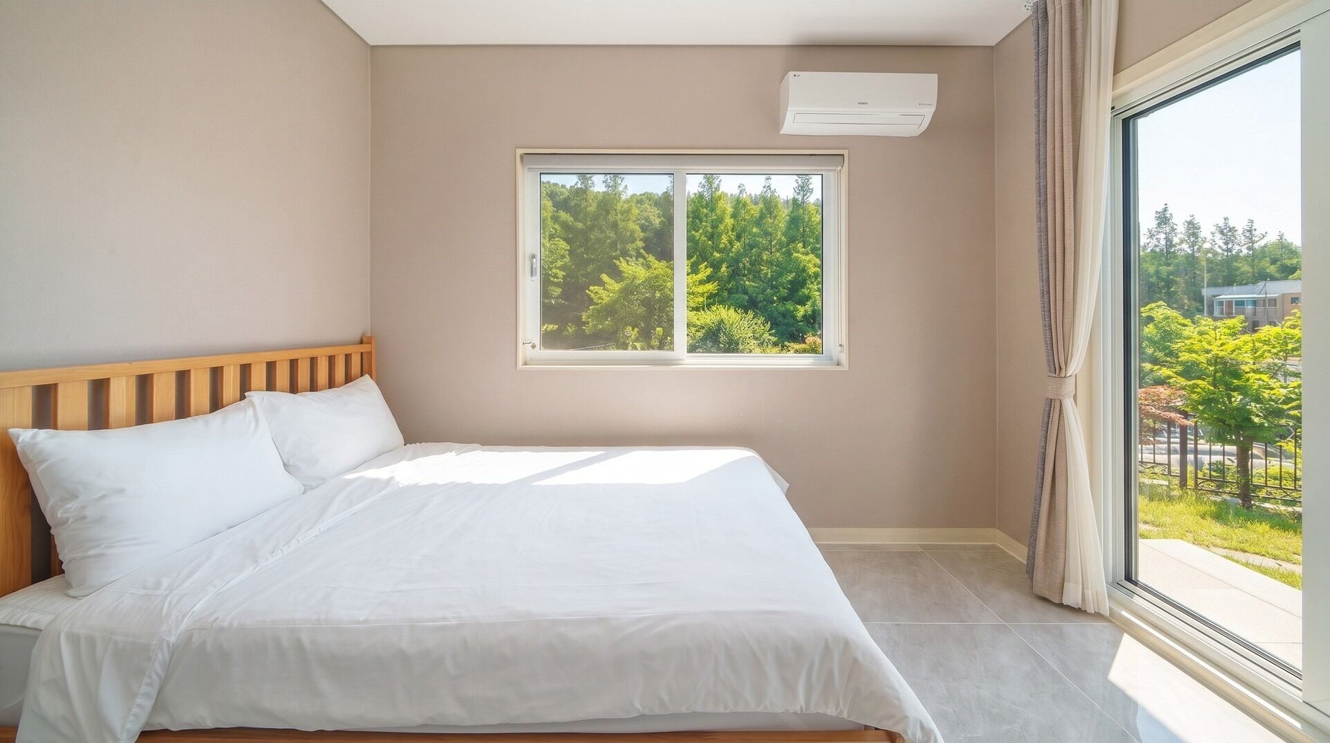 Una camera da letto con un letto, una finestra e un condizionatore d'aria.