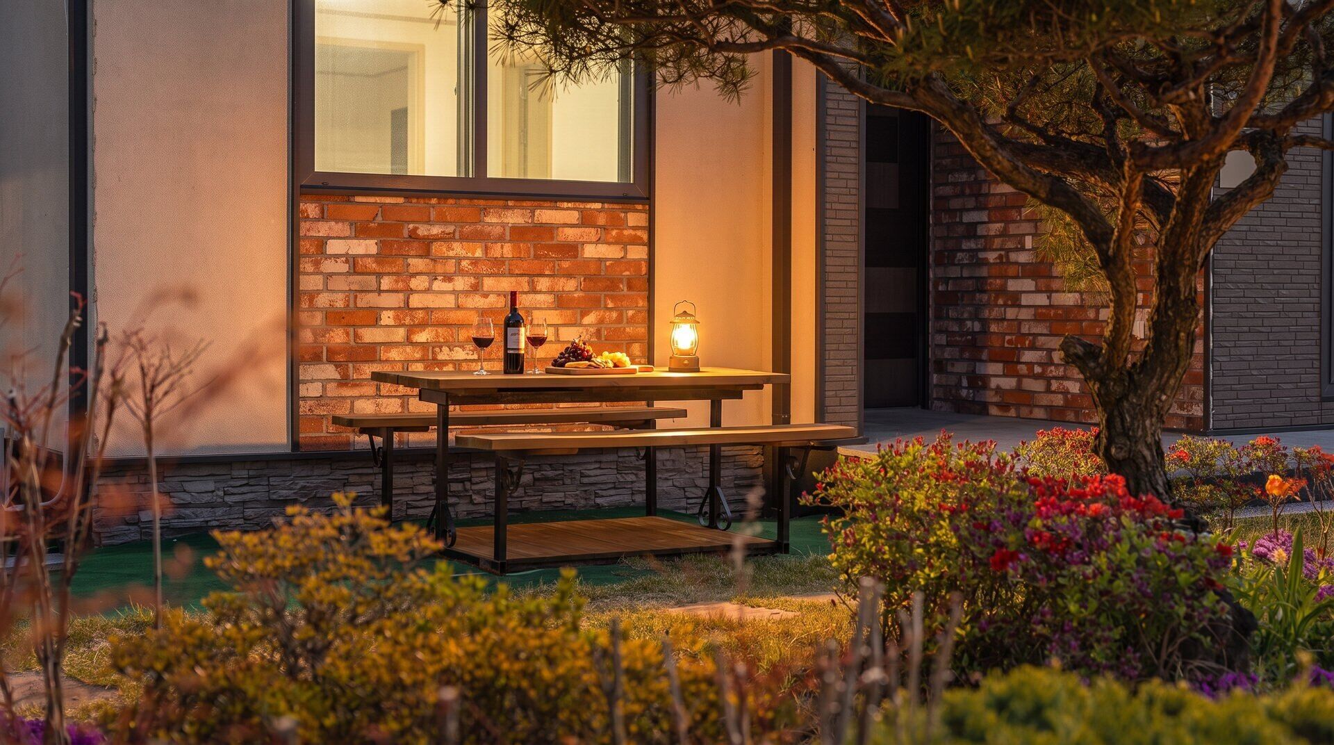 An outdoor patio with a table and benches, a lantern, and a brick wall.