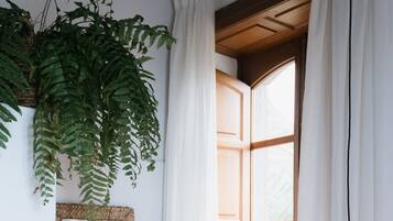 A bathroom with a green sink, a mirror, a hanging plant, and a window with curtains.