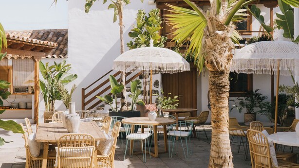 An outdoor patio area with wicker furniture, palm trees, and a tiled-roof building. - Dreamsea Gran Canaria Boutique (Moya)
