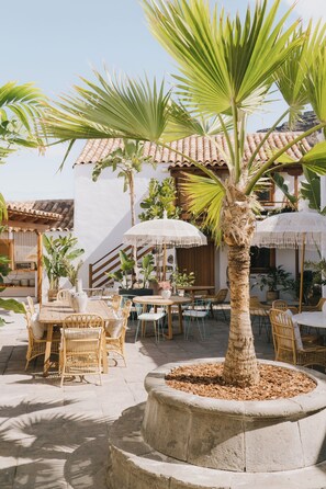 An outdoor patio area with wicker furniture, palm trees, and a tiled-roof building. - Dreamsea Gran Canaria Boutique (Moya)