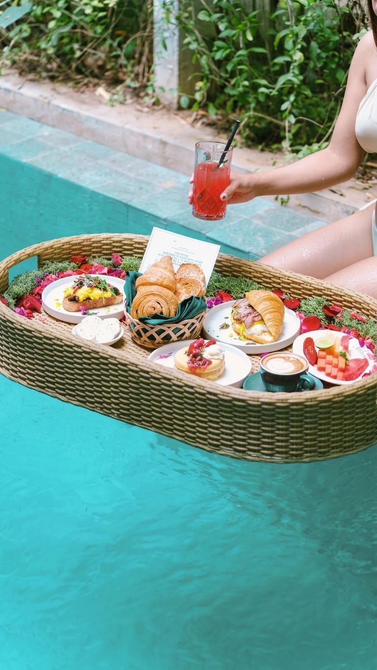 A dining setup with a wicker tray over a pool, containing various food items and a drink.