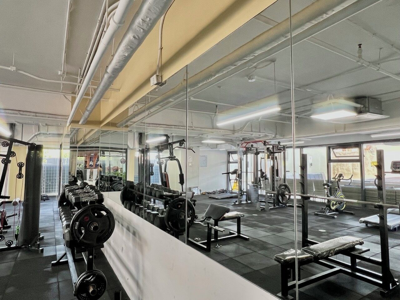 A gym with various exercise equipment, including dumbbells, barbells, and weight machines.