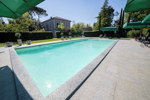 Seasonal outdoor pool, open 8:00 AM to 8:30 PM, pool umbrellas