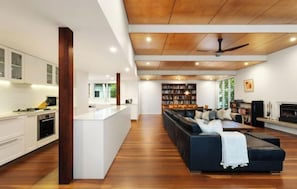 TV connectée, cheminée, livres