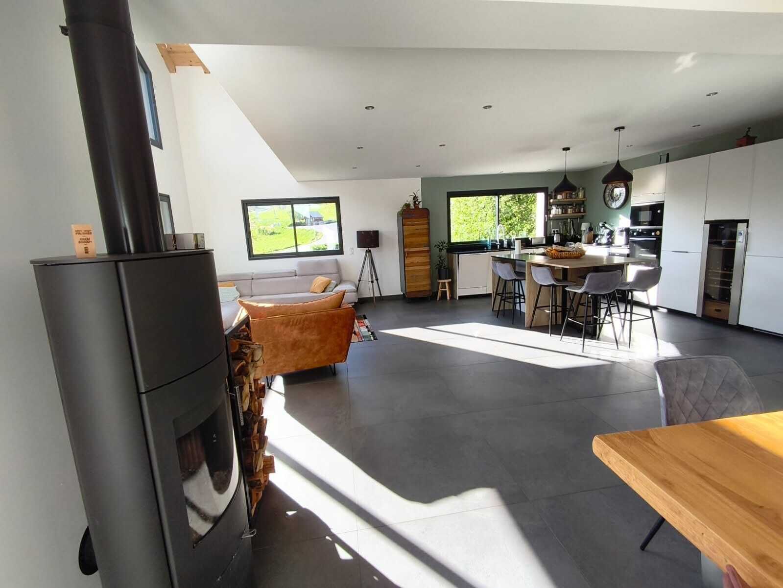 A modern living space with a fireplace, a sofa, a dining area, and a kitchen.