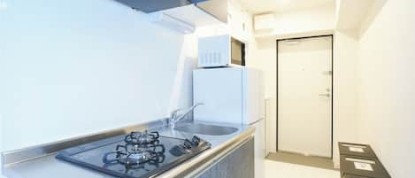 Fridge, microwave, stovetop, electric kettle