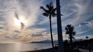 Une scène de plage avec des palmiers et un coucher de soleil sur l’océan.