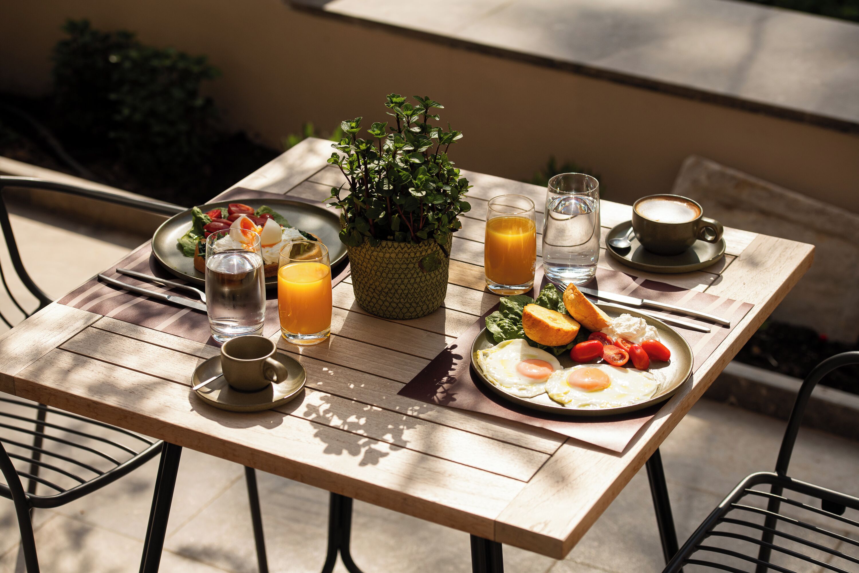 Una mesa de madera con alimentos para el desayuno, como huevos, tomates y una planta.