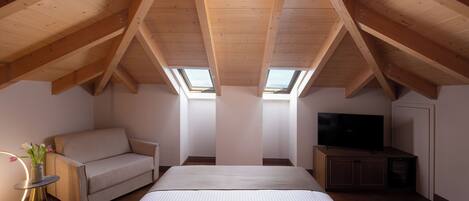 A bedroom with a large bed, a sofa, a television, and skylights.