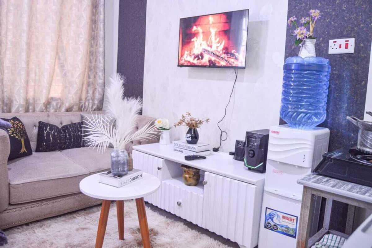 A modern living room with a sofa, a small white table, a TV displaying a fireplace, a water dispenser, and a decorative vase.