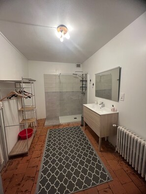 A bathroom with a shower, a sink, a mirror, a radiator, and a patterned rug.