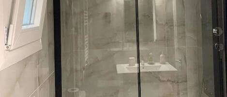 A glass-enclosed shower area with a visible sink and toiletries.