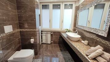 Shower, hair dryer, bidet, towels