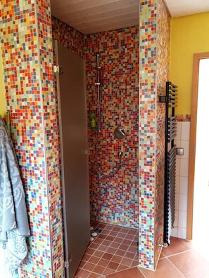 Shower, hair dryer, bidet, towels