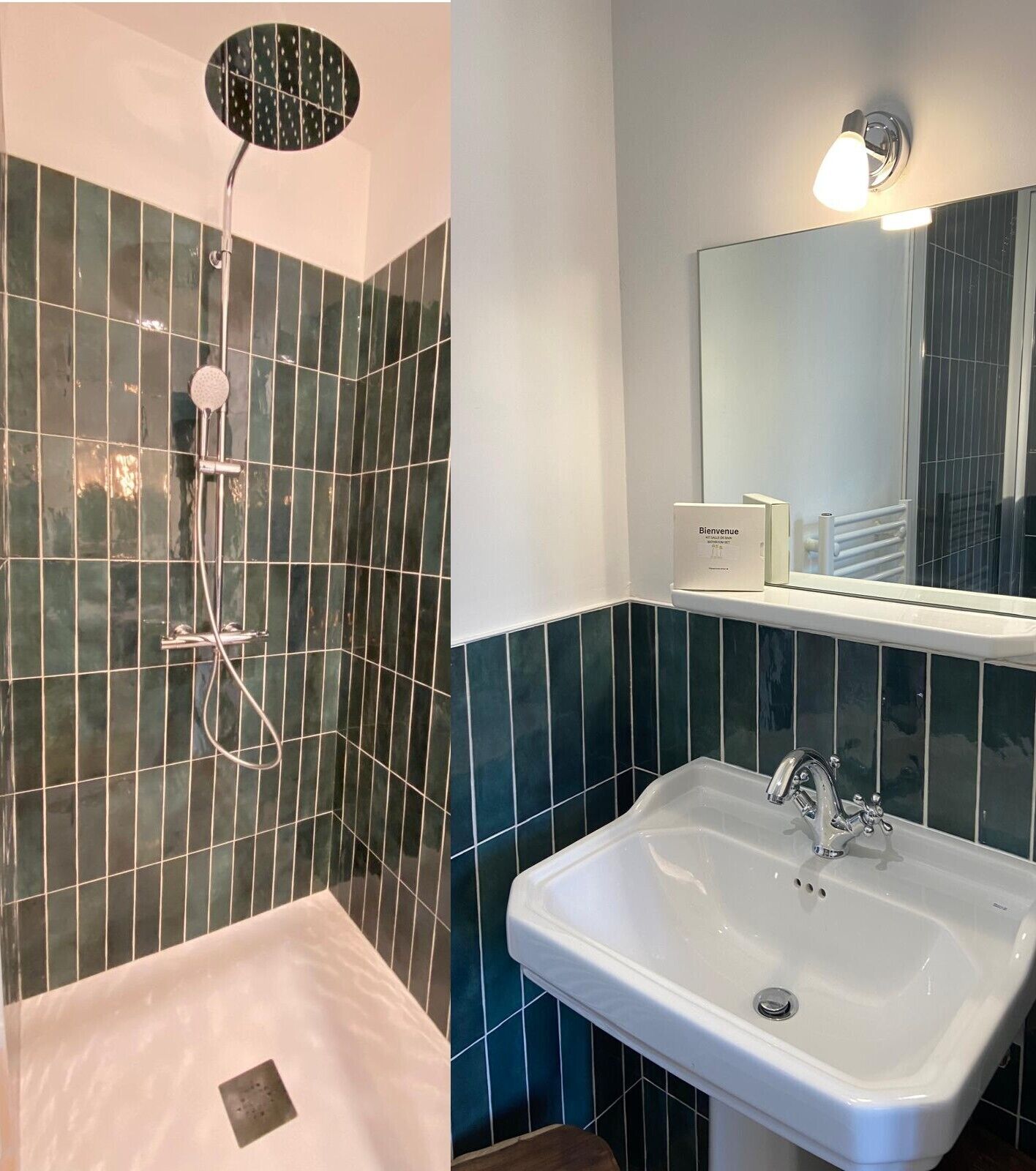 A bathroom with a shower, a sink, and a mirror.
