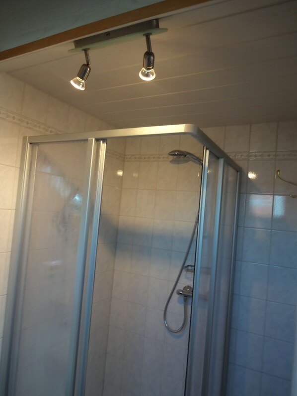 A glass-enclosed shower with a handheld showerhead and a wall-mounted faucet.