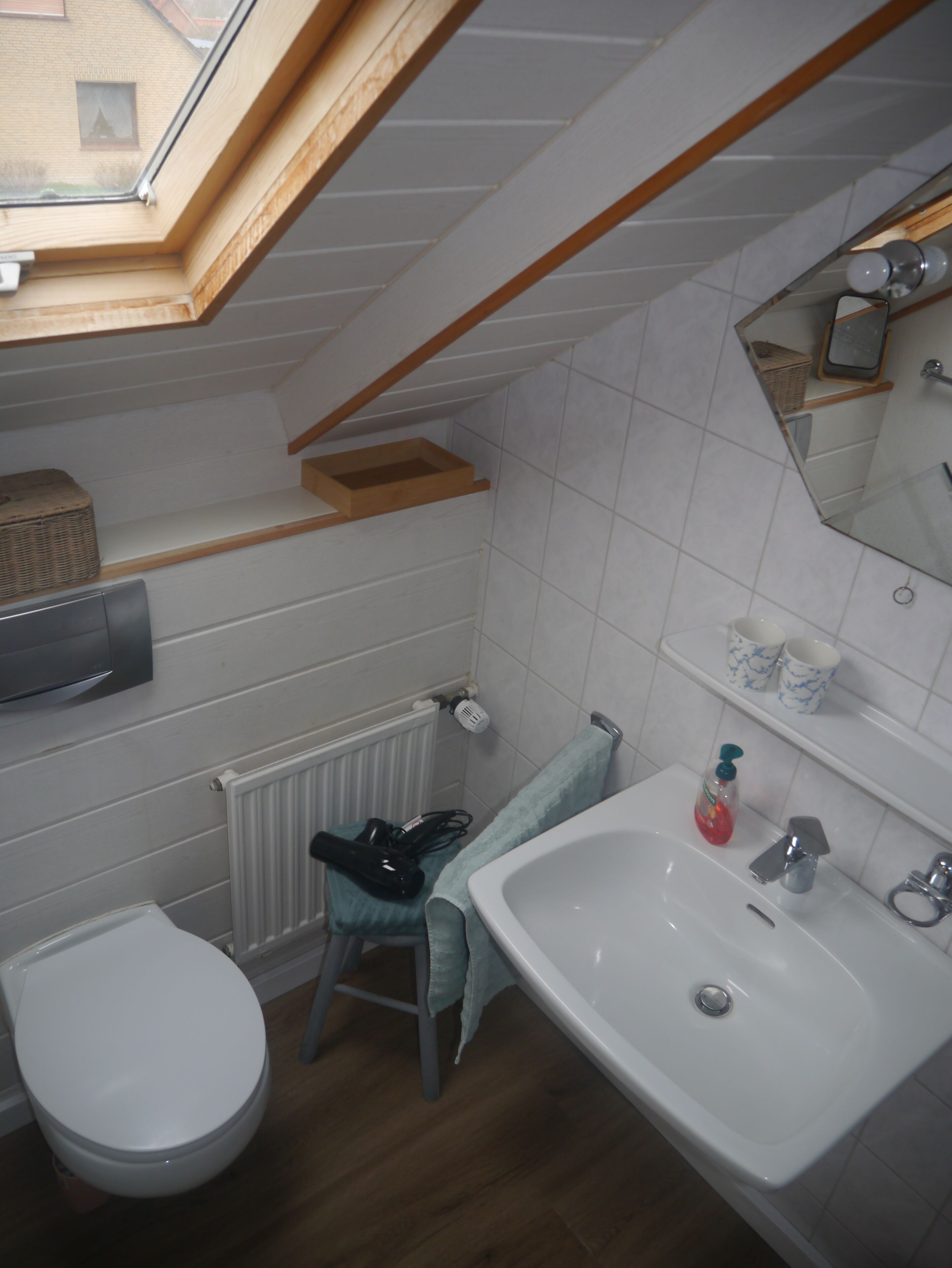 A compact bathroom with a skylight, a toilet, a sink, and a mirror.