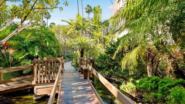 Une promenade en bois serpente à travers un jardin luxuriant, où l’on peut admirer une variété de plantes tropicales, le tout sous un ciel dégagé.