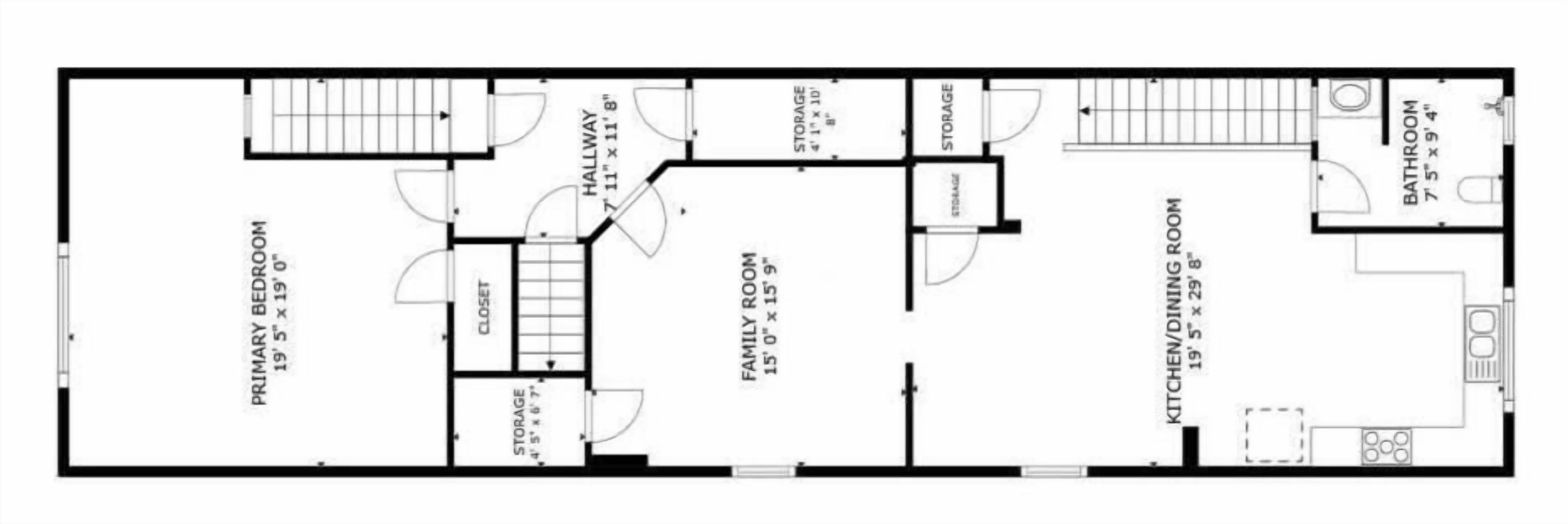 Pianta dell'edificio con camera da letto principale, soggiorno, cucina/sala da pranzo e bagno.