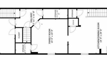 Pianta dell'edificio con camera da letto principale, soggiorno, cucina/sala da pranzo e bagno.