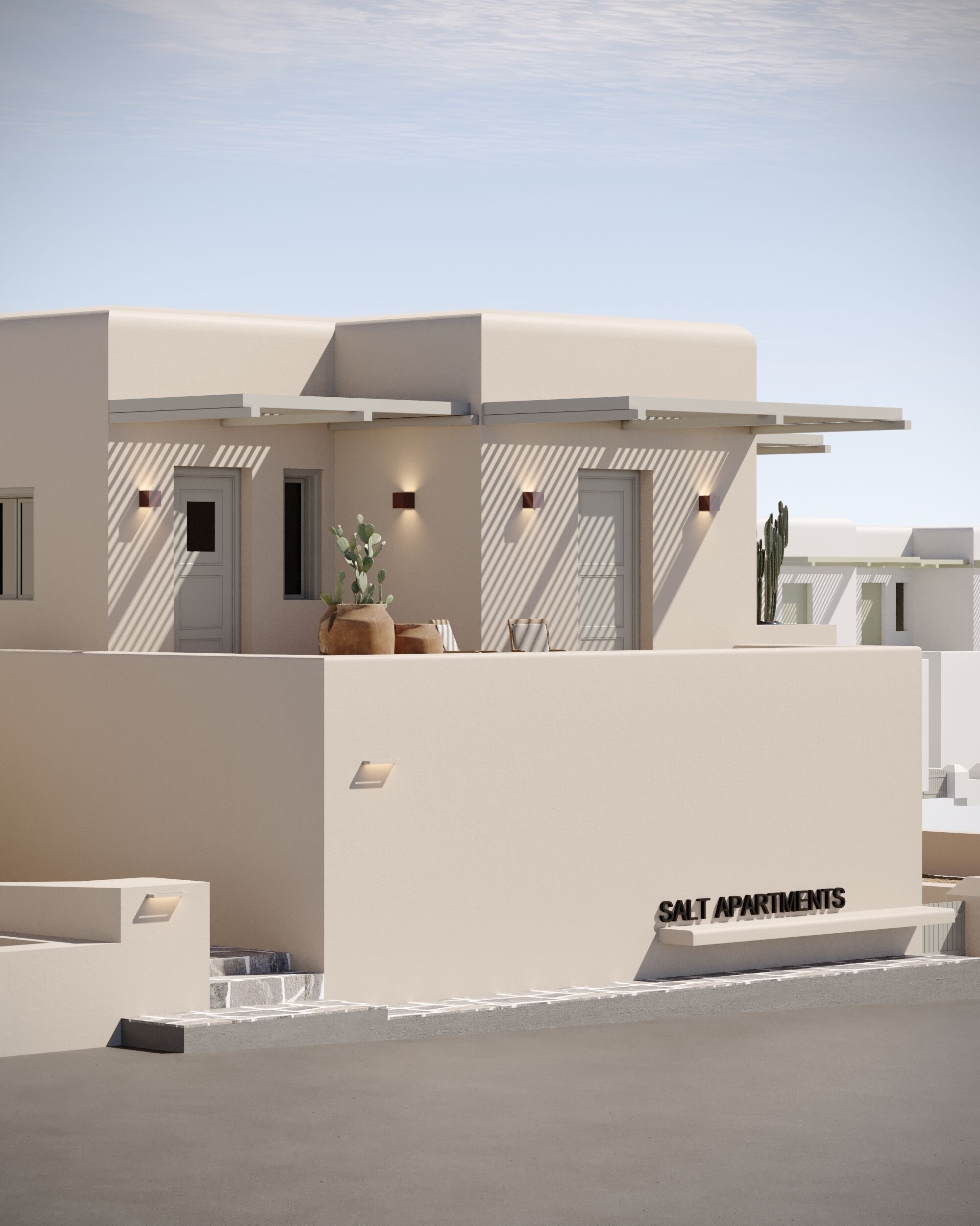Um edifício moderno com telhado plano e fachada plana, com uma placa que diz 'SALT APARTMENTS'.