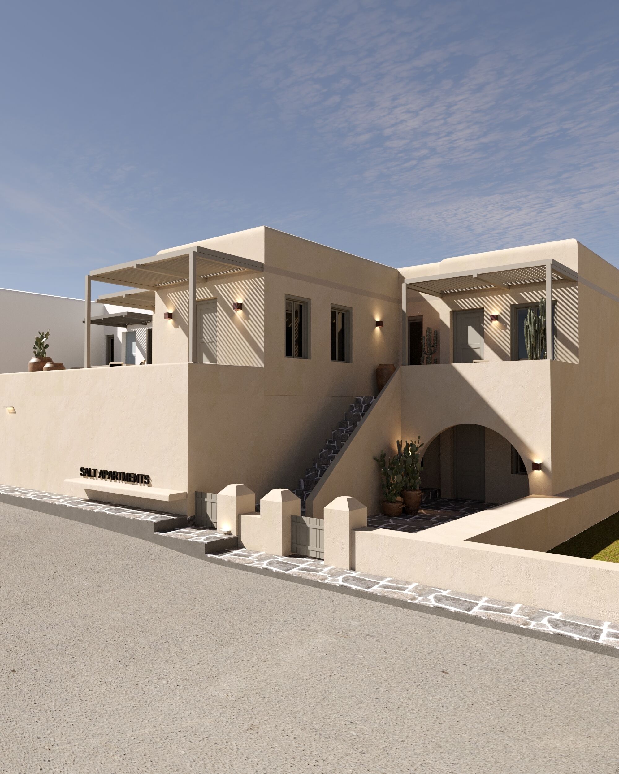 A modern building with a flat roof, multiple windows, and a staircase leading to an upper level.
