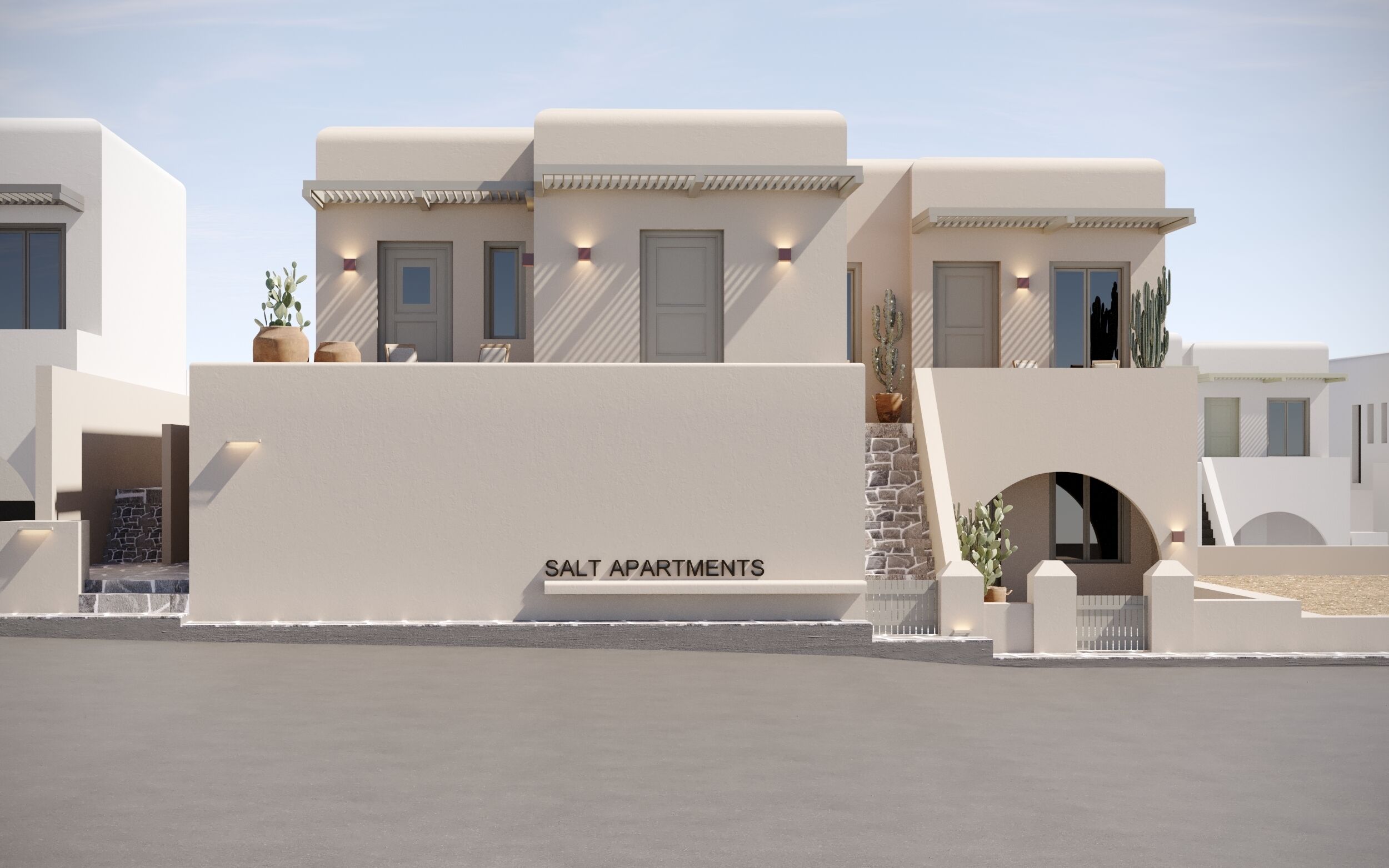 Un bâtiment moderne doté d’un toit plat, d’une grande entrée et d’une enseigne indiquant « APPARTEMENTS SALT ».
