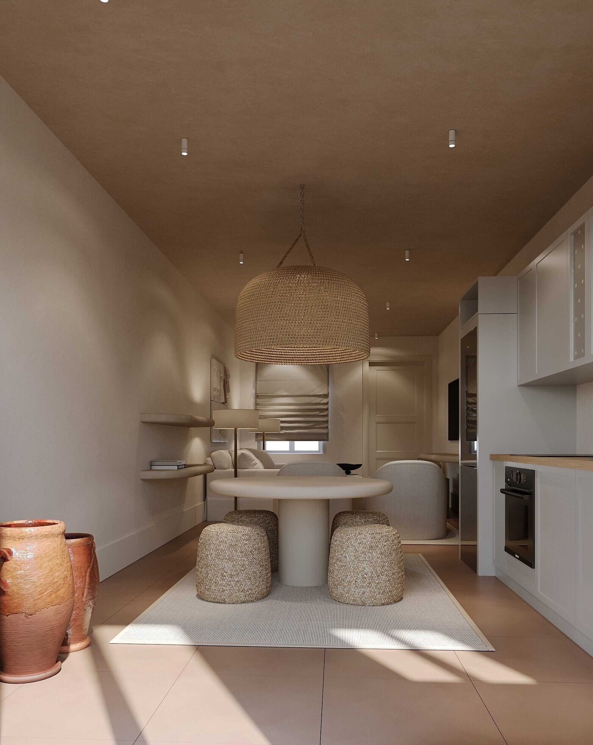 A modern kitchen with a central island, pendant lighting, and built-in cabinetry.