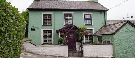 A green two-story house with a dark brown door, white trim, and a small porch with potted plants.