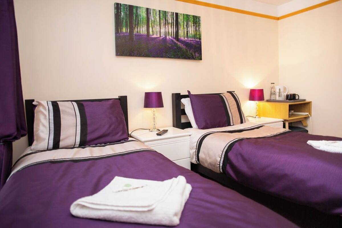 Ein Hotelzimmer mit zwei Betten, jeweils mit violetter Bettwäsche und gestreiften Kissen. An der Wand hängt ein Bild von einem Wald, ein Nachttisch mit einer Lampe und ein kleiner Tisch mit einer Lampe und einer Kaffeemaschine.