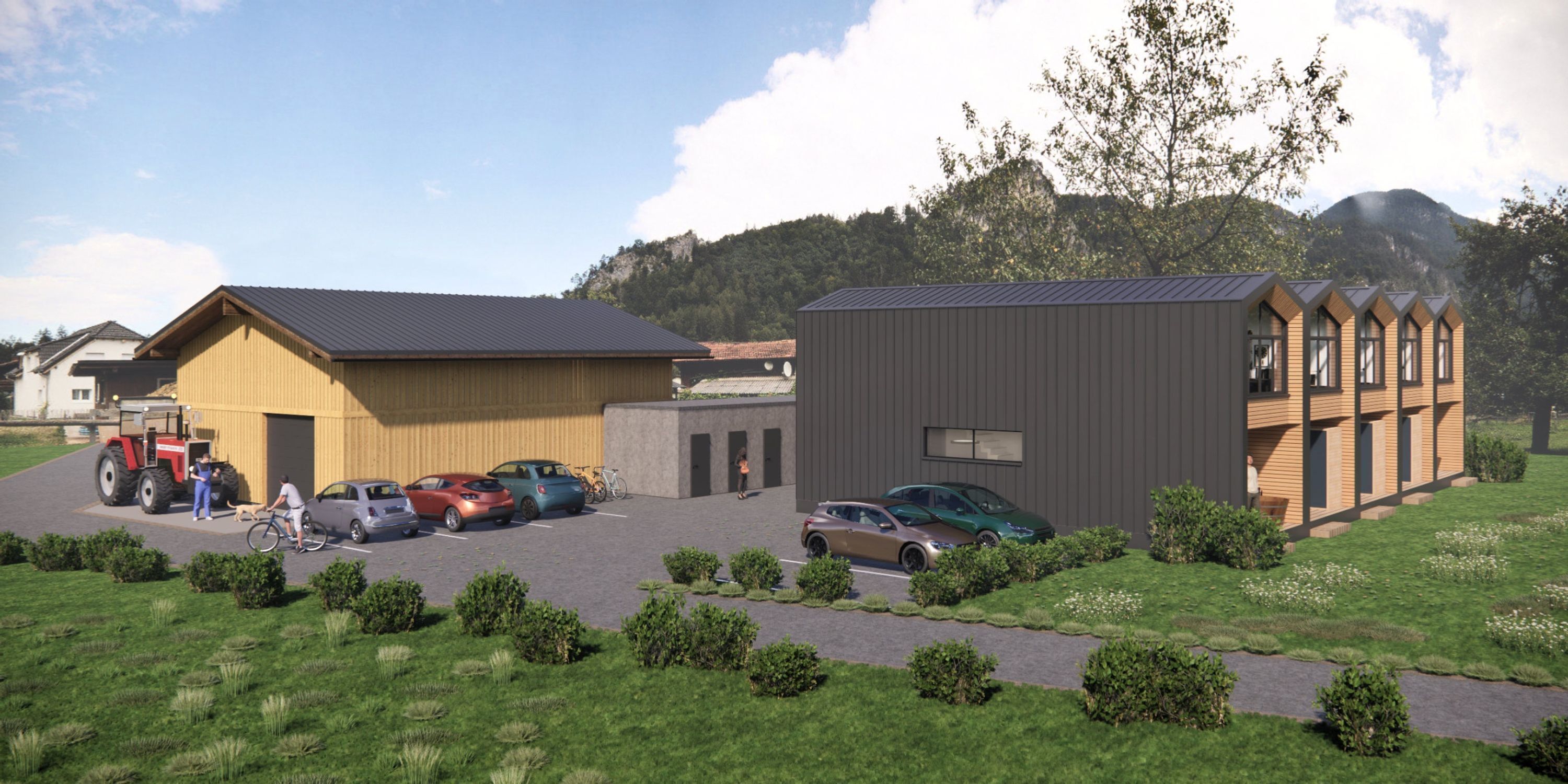 A modern building with a large garage and a smaller attached structure with multiple windows.