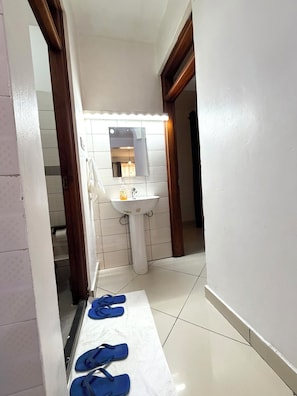 Chuveiro, bidê, toalhas de banho, papel higiênico