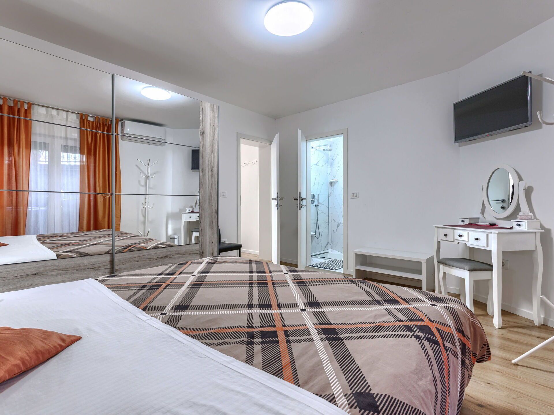 Furniture, Interior Design, Flooring, Floor, Ceiling, Room, Bedroom, Bed, Lighting, Home