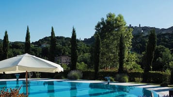Una piscina con una sombrilla blanca, rodeada de plantas de lavanda y altos árboles.