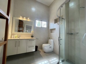 Shower, bidet, towels, soap